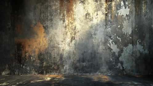 Textured concrete wall with peeling paint in dim interior.