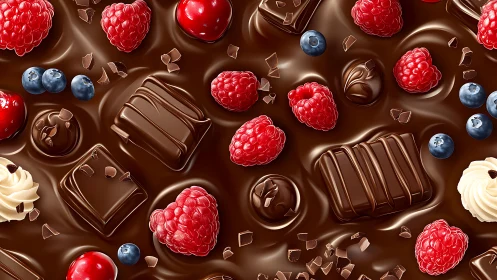 Berry-kissed chocolate river with playful truffle islands.