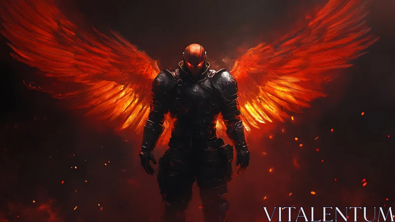 Armored fallen angel spreads blazing wings in ember storm