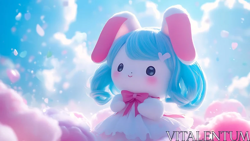 Pastel bunny girl plush floats in dreamy cotton candy sky.