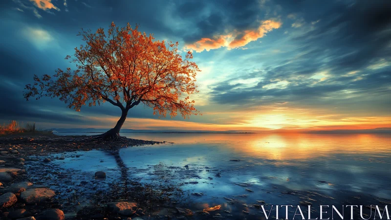 Solitary shoreline tree reflects in vivid sunset shallows