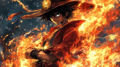 Fiery anime swordsman rendered in dynamic flame lighting