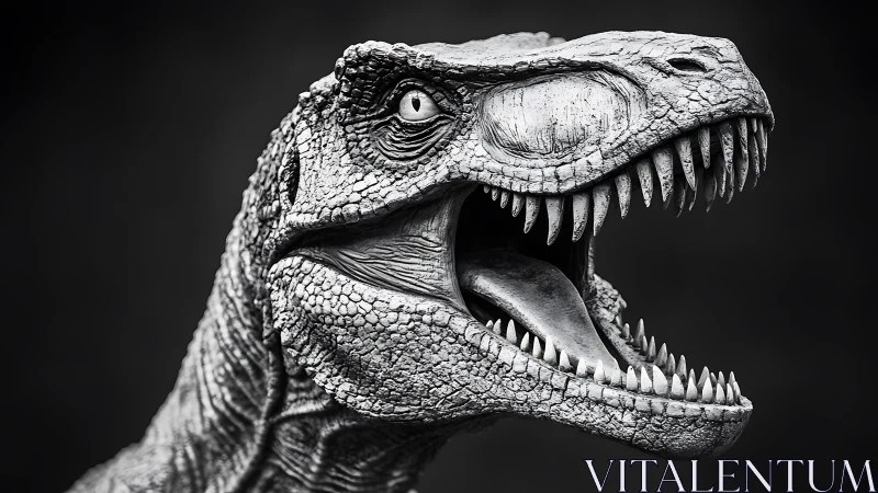Monochrome dinosaur bust shows detailed roaring profile