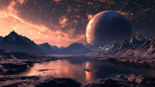 Cratered planet rises over icy alien valley at dusk