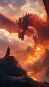 Armored warrior confronts colossal fire dragon at dusk.