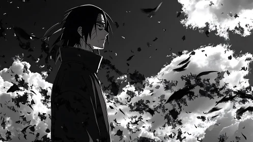 Brooding anime wanderer gazes into a sky of swirling crows