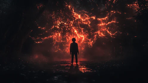 Silhouette stands before luminous branching light in forest