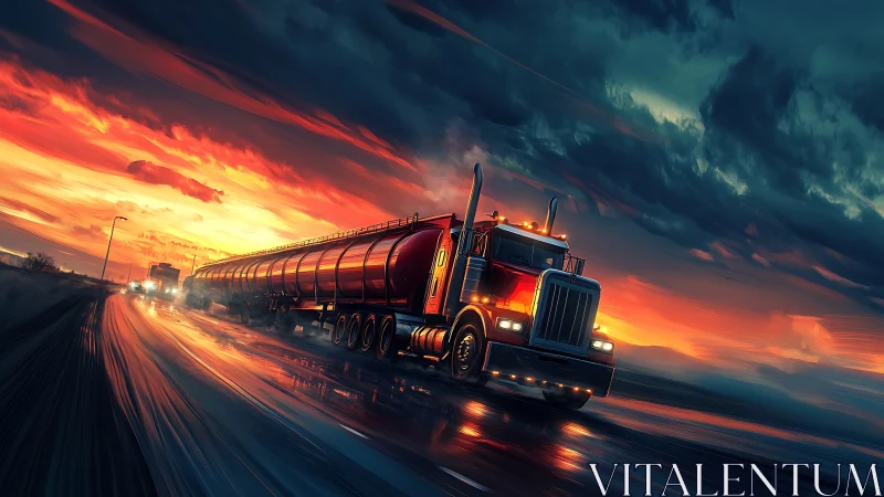 Long-haul fuel tanker racing beneath stormlit sunset sky.