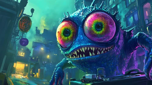 Neon-eyed alley monster lunges through a rain-soaked cyber street