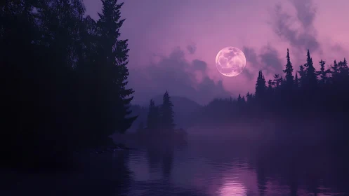 Lunar-lit conifer lake at dusk with violet atmospheric haze