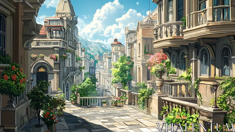 Sunlit terrace street above a lush, ornate hillside cityscape.