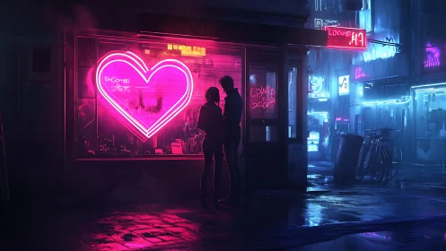 Neon heartlit lovers sheltering in a rainy cyberpunk street.