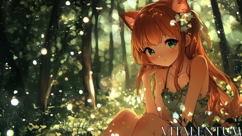 Backlit fox-eared girl rendered in high-bokeh forest lighting