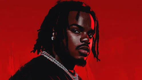 Bold digital portrait of man in chains on red background.