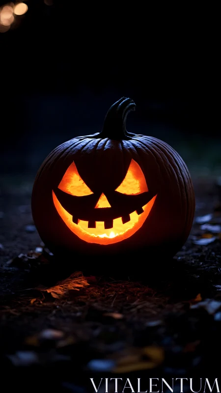 Glowing jack-o’-lantern grins warmly in the Halloween night
