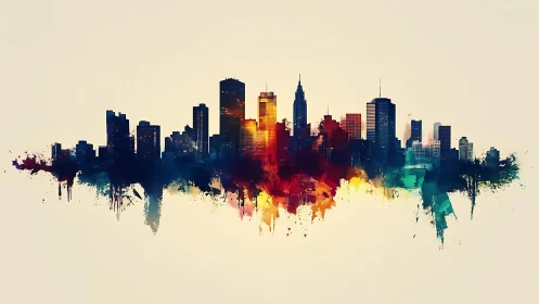 Colorful city skyline with bold abstract paint splashes.