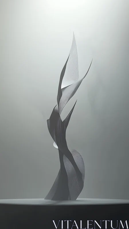 Minimalist 3D ribbon sculpture in atmospheric spotlighted void.