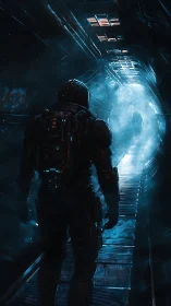 Astronaut advances through glowing sci fi corridor toward portal.