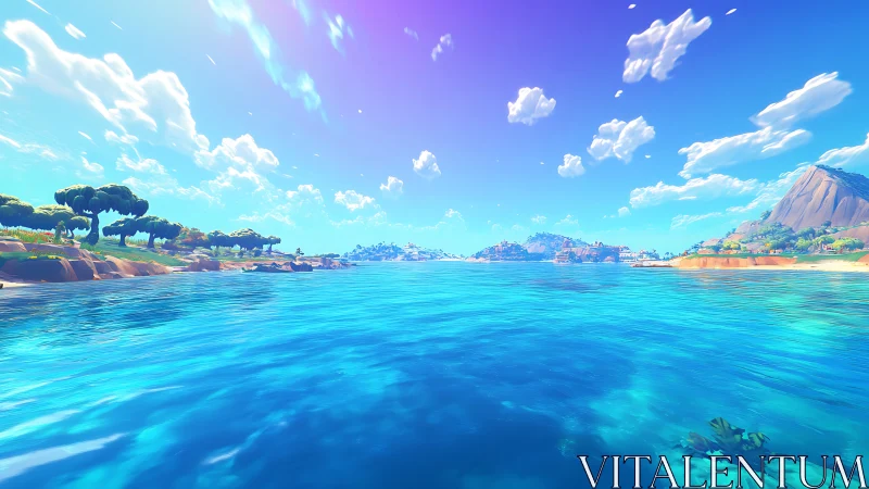 Coastal Mediterranean Bay: Digital 3D Rendered Seascape with Chromatic Gradient Sky.