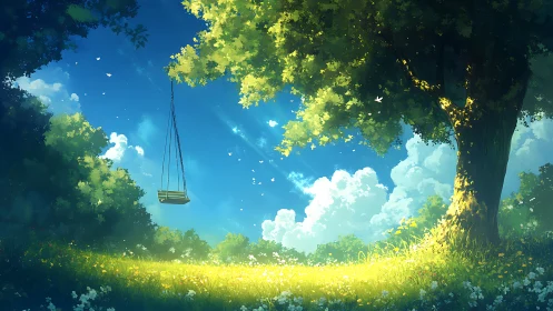 Sunlit meadow swing beneath towering summer canopy.