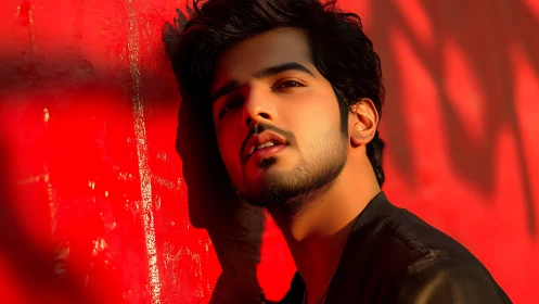 Warm sunlight brushes a thoughtful face against vivid red