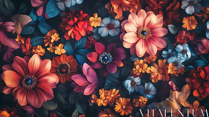 Vibrant floral composition with layered gerbera daisies and botanical elements.