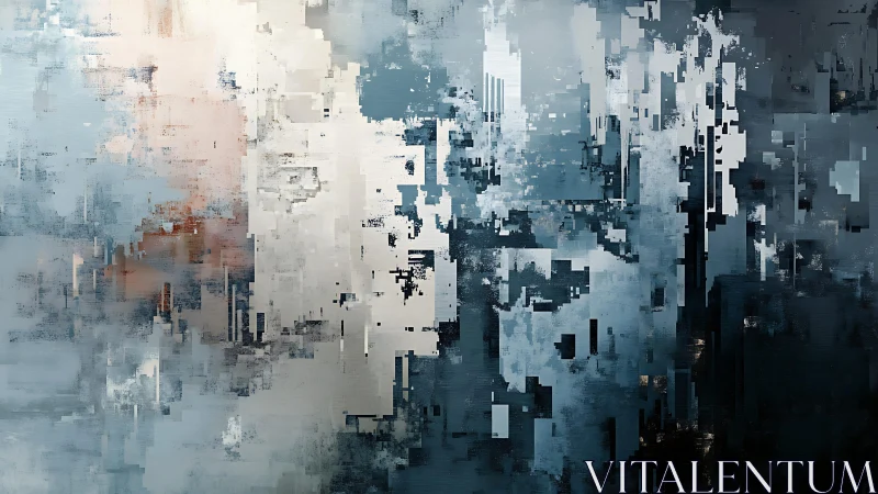 Abstract digital glitch art with blue and gray tones, modern style.