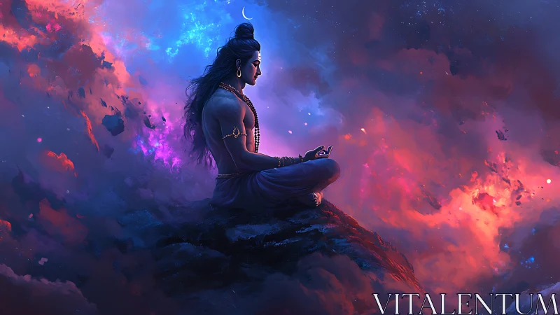 Mystic deity meditation amid vibrant cosmic nebula sky.