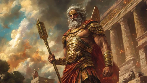 Storm crowned war god strides through burning citadel skies.