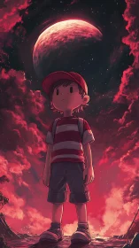 Boy under crimson celestial body framed by irradiated storm clouds