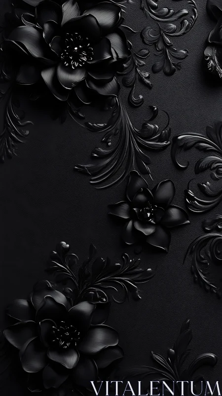 Monochromatic bas-relief floral composition with sculptural ornamental elements and dimensional surf