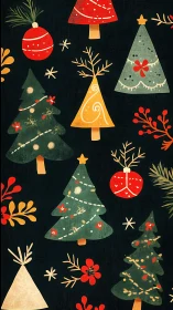 Whimsical stylized Christmas trees with bold festive ornaments.