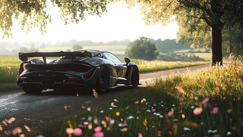 Black sports car is parked on narrow rural roadside