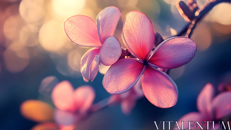 Pink flowers backlit against soft blurred background with warm golden light