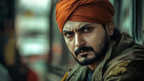 Intense turbaned man in shallow‑focus urban transit portrait.