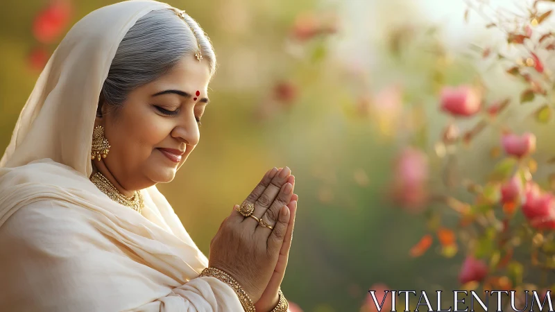 Elderly Indian Woman in Traditional Attire Praying Outdoors, Soft Light.
