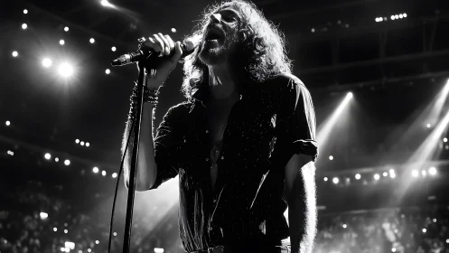 Monochrome male vocalist performing on large concert stage.