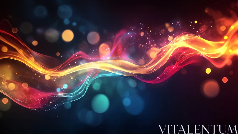 Multicolored light waves with bokeh circles on dark background.