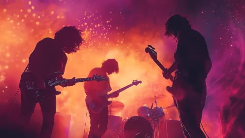 Silhouetted rock band performing amid vivid magenta stage haze