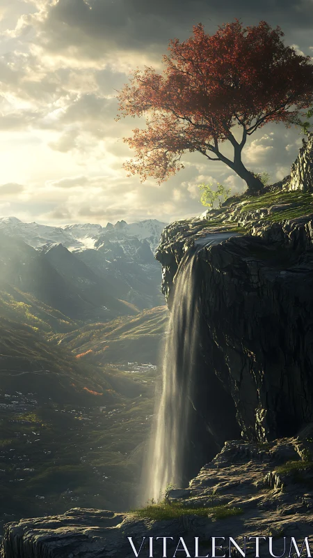 Lone crimson tree crowns sheer cliff above cascading waterfall
