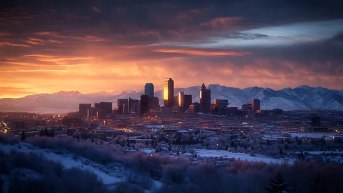 Golden winter sunrise embracing a peaceful mountain city.