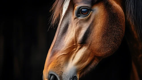 Close-up portrait of brown horse head with dark background.