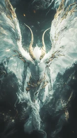 Seraphic horned entity descending through luminous astral vortex