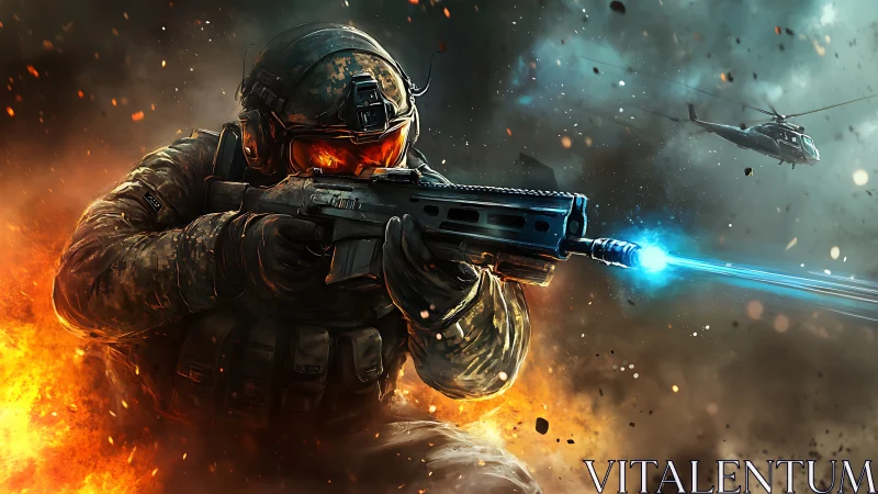 Futuristic soldier charging through battlefield firestorm.