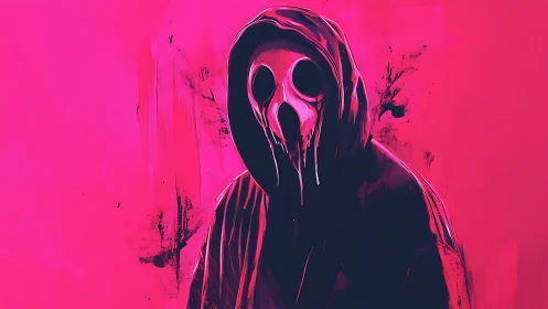 Hooded figure in gas mask is rendered in high contrast pink