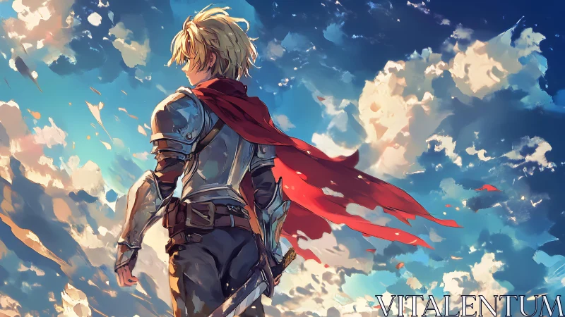 Skyward knight pauses beneath wild, wind-torn clouds.