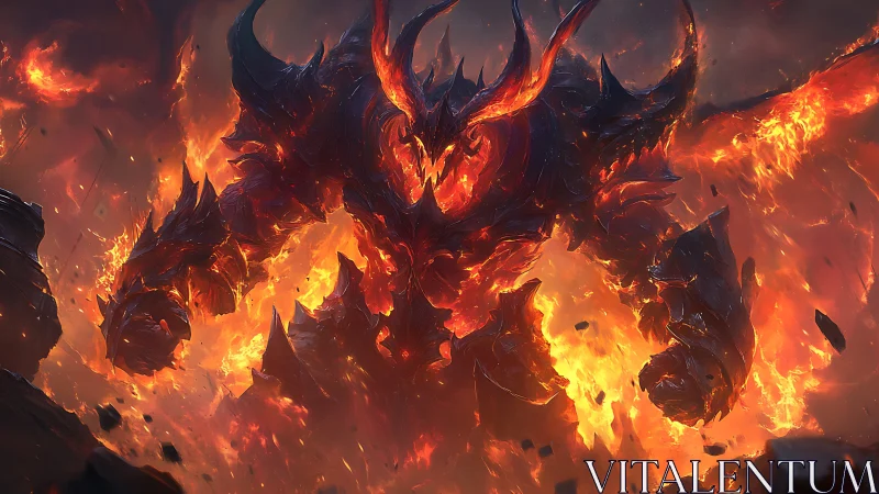 Molten horned titan strides through a storm of roaring fire.