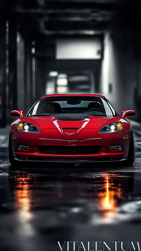 Red sports car stands in wet industrial tunnel at night