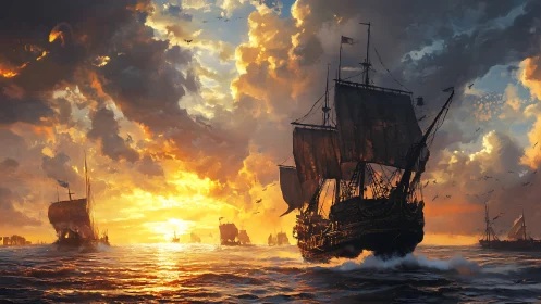 Sunlit galleon convoy cutting through storm-lit horizon.