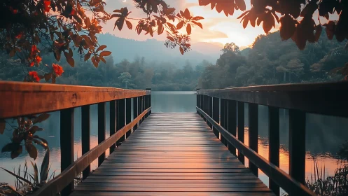 Wooden lakeside pier under warm sunset light over water.